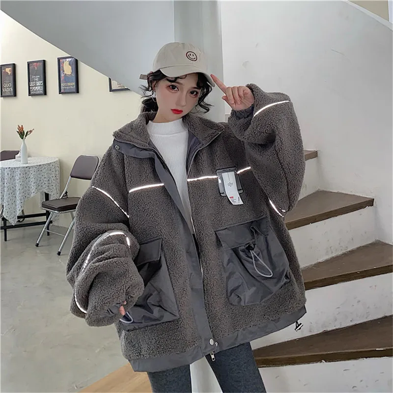 

Casual Short Jacket Women 2022 New Autumn Winter Coats Loose Korean Tooling Lamb Hair Top Women Clothing Female Outerwear b551