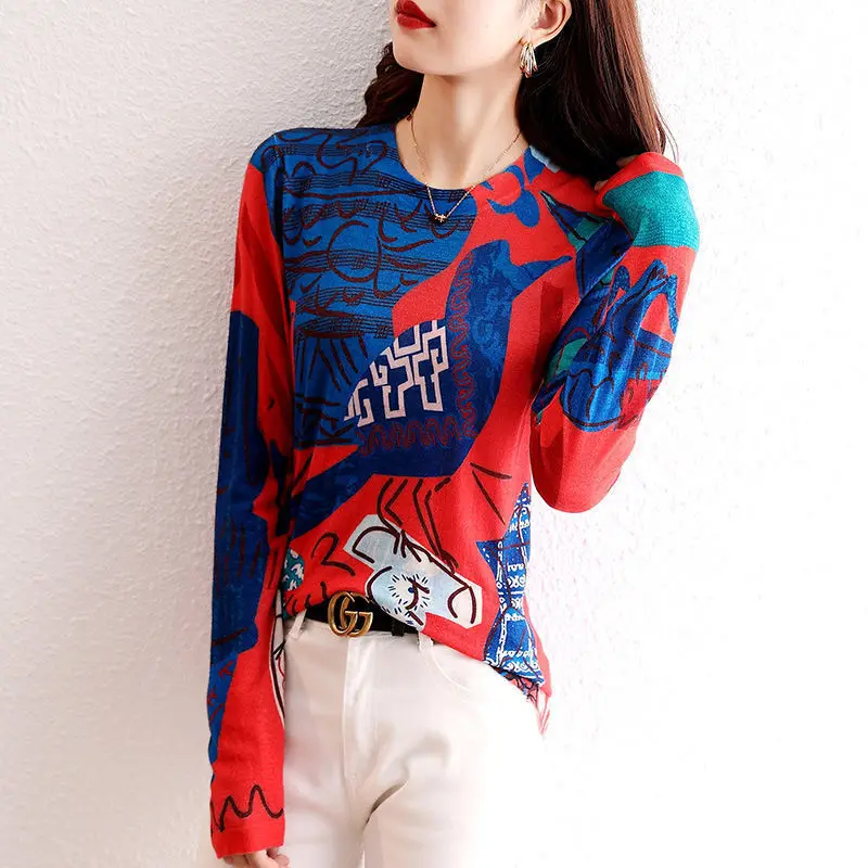 

All-match Bottoming Shirt Round Neck Printing Long-sleeved T-shirt Women's 2021 Spring and Autumn New Slim Top