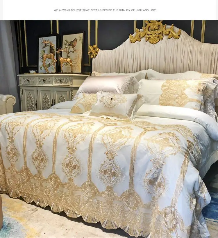 

Wide Golden Lace Duvet /Comforter Cover Set Pink White Premium Egyptian Cotton Bedding set Luxury Queen King size Bed sheet set