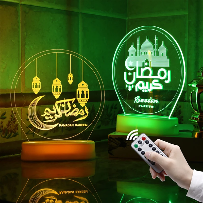 Acrylic Muslim Ramadan Lamp Decoration 3D Night Light with Remote Control Color Light Incense Oil Lamp for Islamic Muslim Party