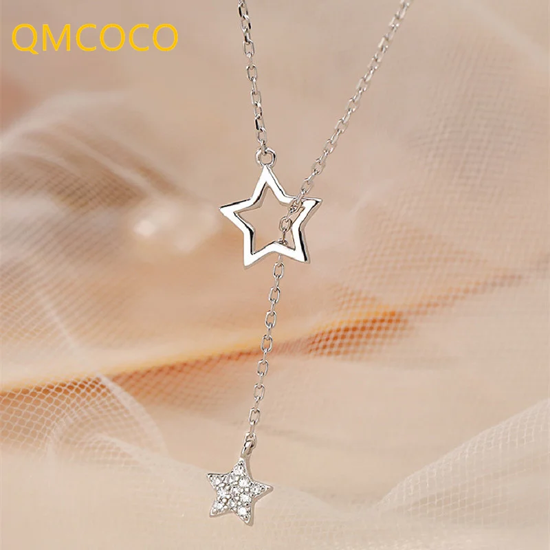 

QMCOCO Silver Color Delicate Star-Shape Pendant Necklace Women Trendy Simple Hollow Geometric Clavicle Chain Party Accessories