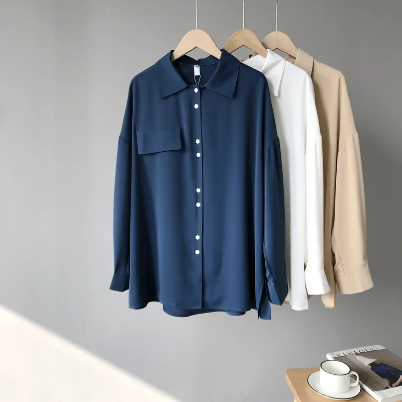 Женские свободные блузки весна 2020 Новые однотонные однобортные рубашки с
