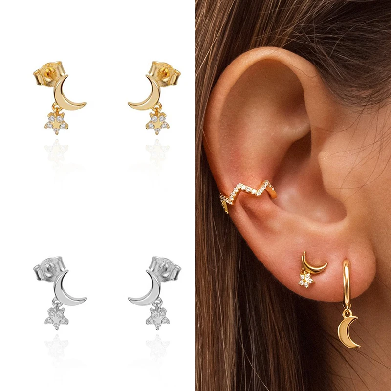 

CREAMY Moon Star Women Stud Earrings Silver Gold Filled Cubic Zirconia Unusual Earring Piercing Ear Girls Jewelry Wholesale
