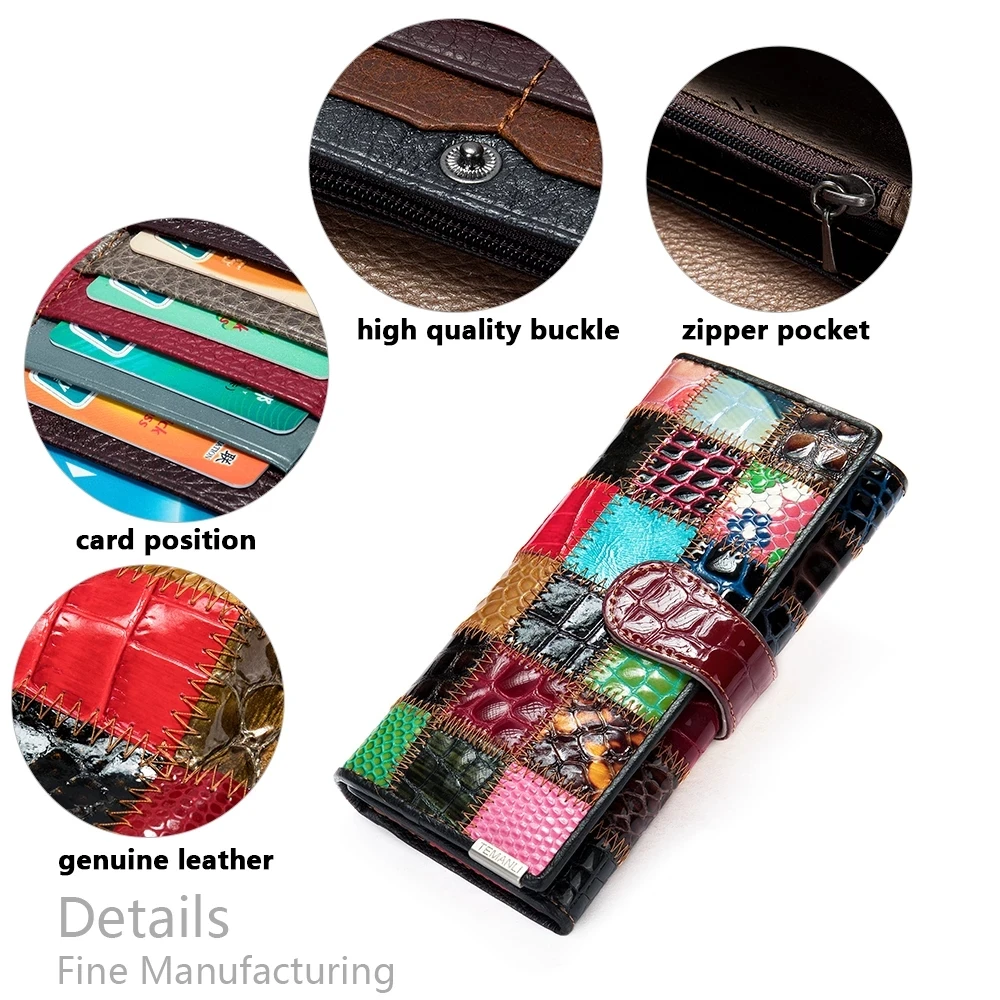 

Women's wallet genuine leather patchwork wallet for women zipper ladies clutch bags with cellphone holder wallet long 420