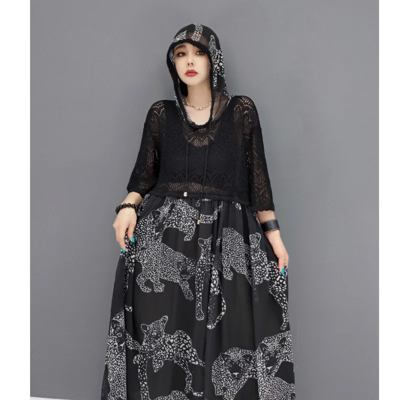 

SHENGPALAE Hollow Knitted Spliced Chiffon Printed Derss Women's Summer 2021 New Hooded Loose Short Sleeve Mid-calf Dresses Tide