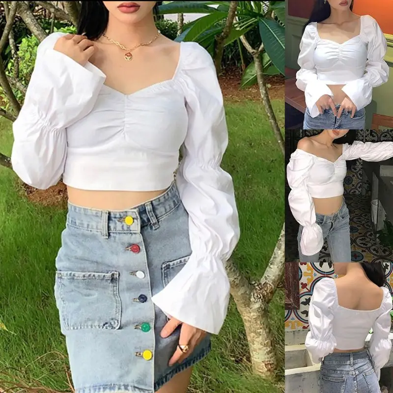 

Women Autumn Long Puff Sleeve Slim T-Shirt Sexy Square Neck Off Shoulder White Crop Top Ruched Chest Vintage Elegant Streetwear