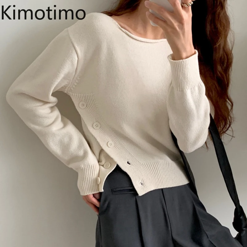 

Kimotimo Solid Knitted Pullover Korean Chic Simplicity Side Button O-neck Sweater 2021 Autumn Design Long Sleeve Casual Sweaters