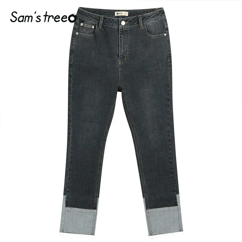 SAM'S TREE/черные однотонные Цветные Лоскутные джинсы с высокой талией для женщин, осень, эластичные повседневные офисные женские обтягивающие брюки