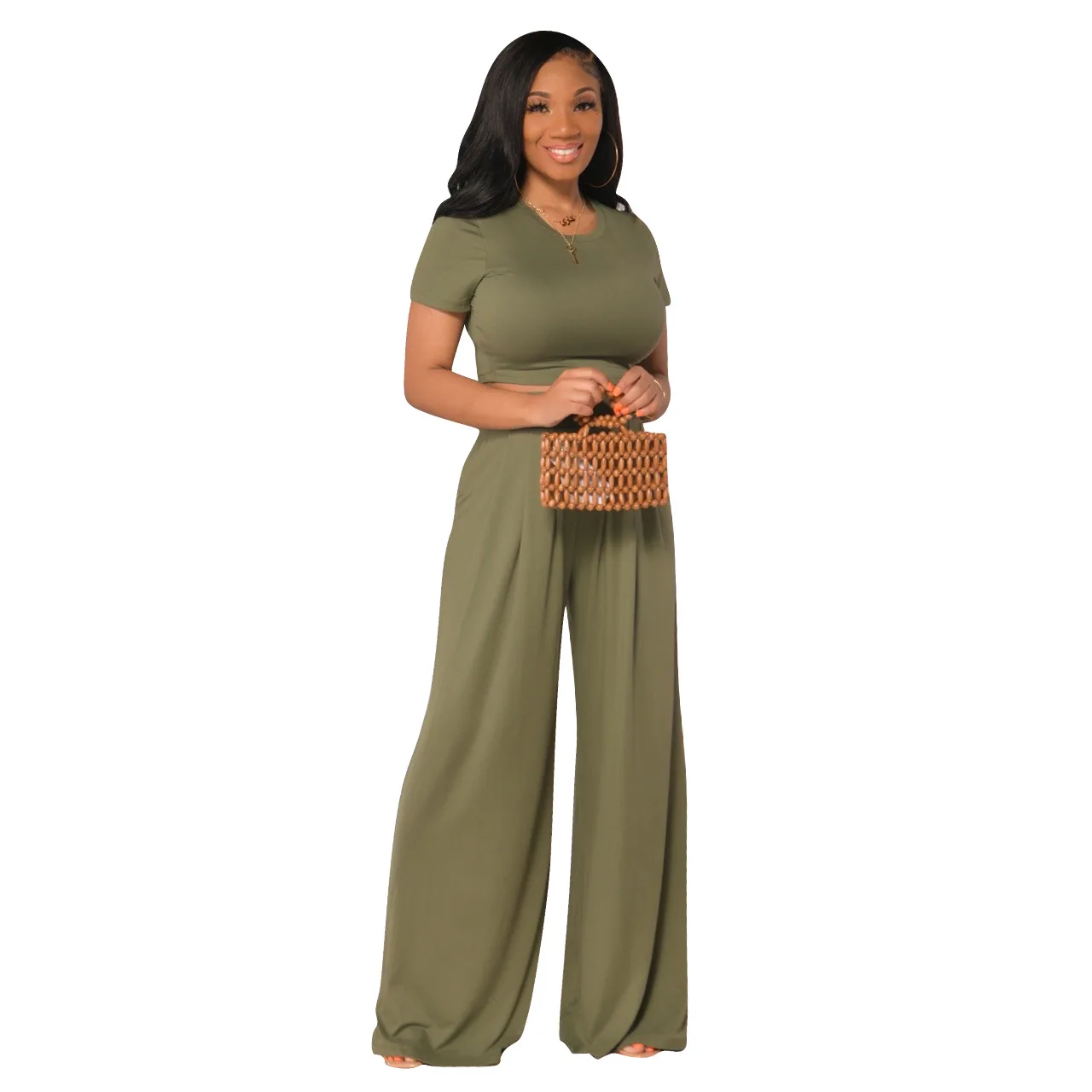 

S-2XL Women Summer 2021 Two Piece Set Fashion Elegant Business Solid Short Sleeve Top and Wide Leg Pant Wholesale Dropshipping
