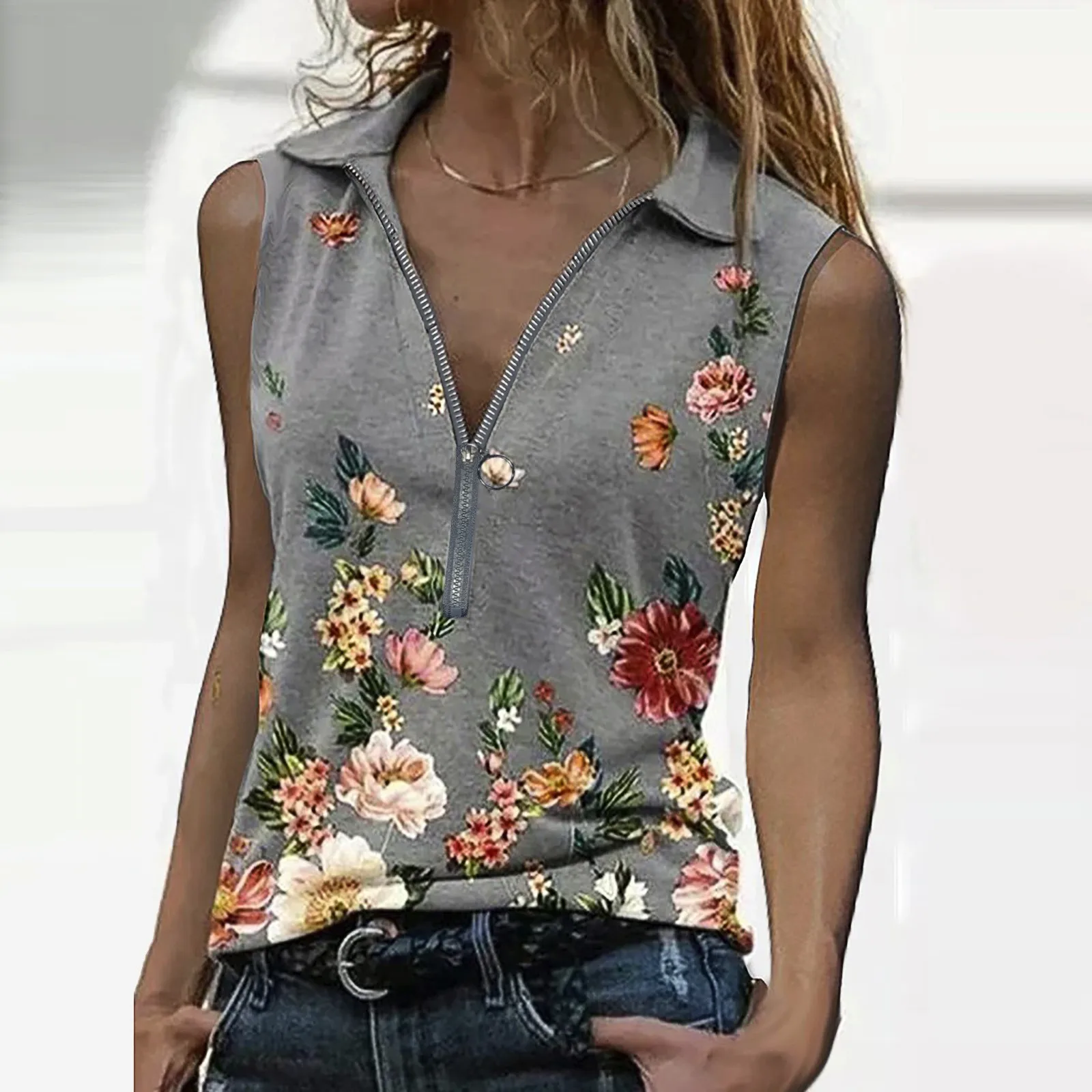 

Женские футболки с цветочным принтом, на молнии, с V-образным вырезом, без рукавов, свободные топы, блузы, с отложным воротником, жилет, пулове...
