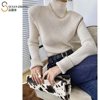 women pullovers female sweater designer vintage romantic autumn fall winter stretch fabric turtle neck big shoulder pad 80s