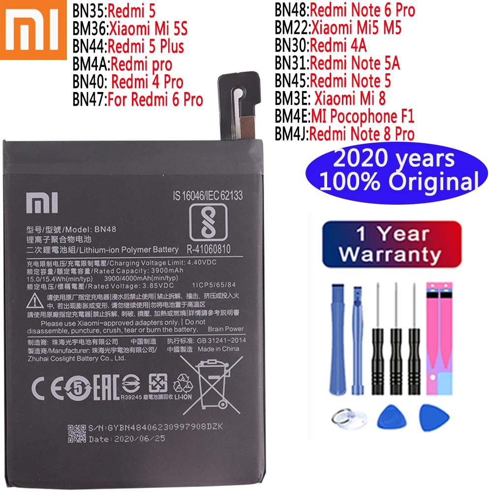 

Xiaomi 100% Original Battery for Xiaomi Redmi 4A Note 5 5A 5 5 Plus Note 6 Pro 4 Pro 6 Pro 8 Pro Mi 5S Mi 8 Pocophone F1 Battery