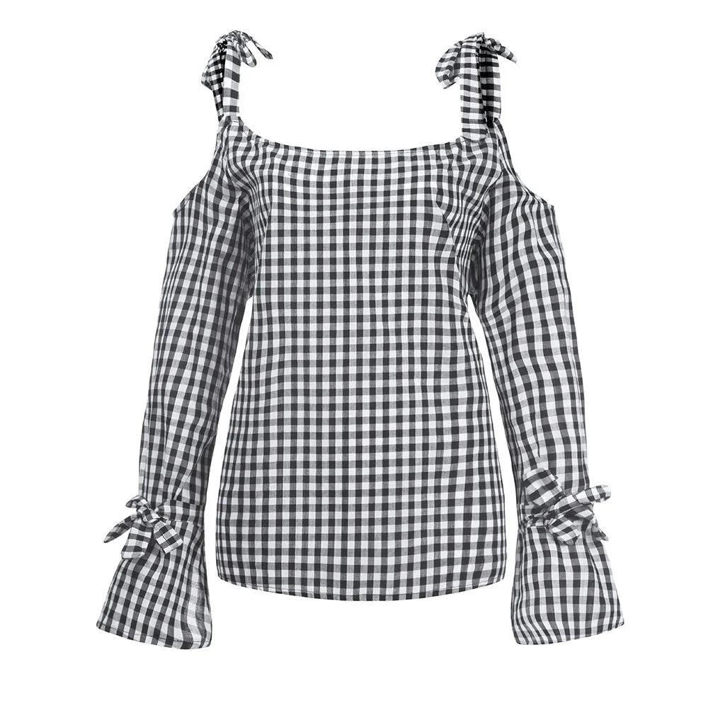 

Fashion Plaid Bandage Blouse Shirt Cold Shoulder O-Neck Tops Tee Casual Autumn Ladies Female Women Long Sleeve Blusas Pullover