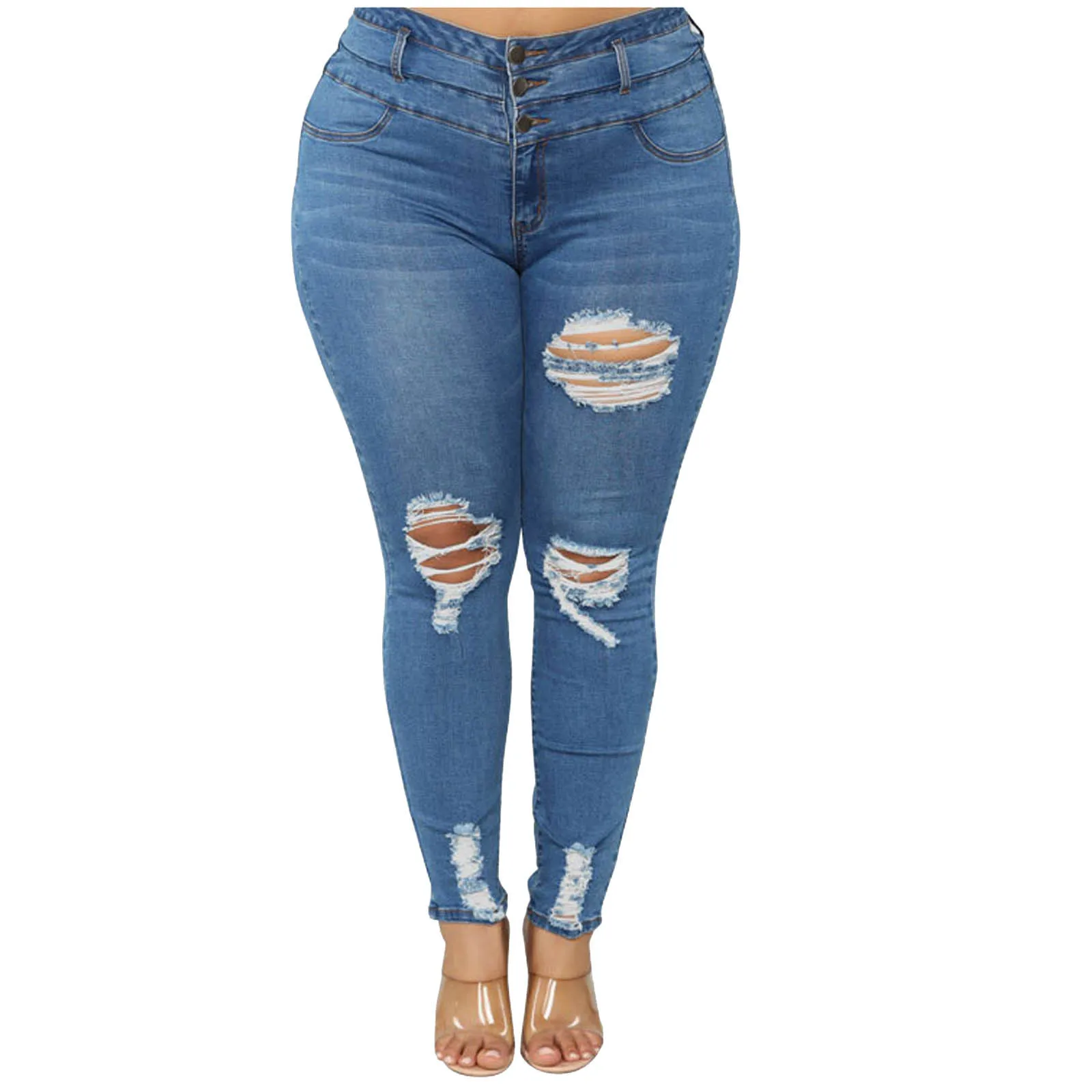 

Light Blue Ripped Jeans For Women 2021 Street Style Sexy High Waist Distressed Trouser Stretch Skinny Hole Denim Pencil Pants