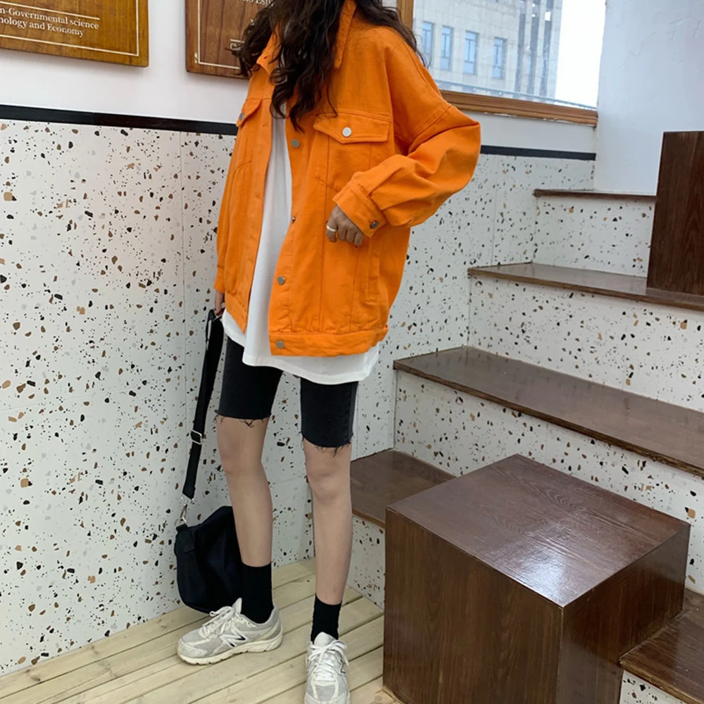 

Autumn Oversized Orange Denim Jacket Jeans Jackets Women Plus Size Windbreaker Long Sleeve Coat Streetwear Basic Overcoat Female