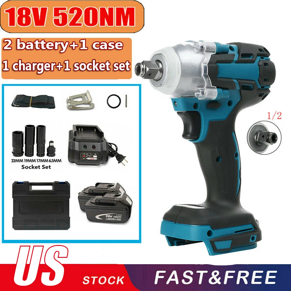 

1/2 Inch Electric 18V Impact Wrench Brushless Cordless Rechargeable Wrench Power Tool Compatible With 2 Makita 18v Batteries US