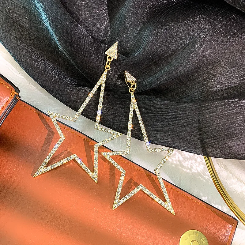 Крупные большие висячие серьги с пятиконечными звездами полые геометрические из