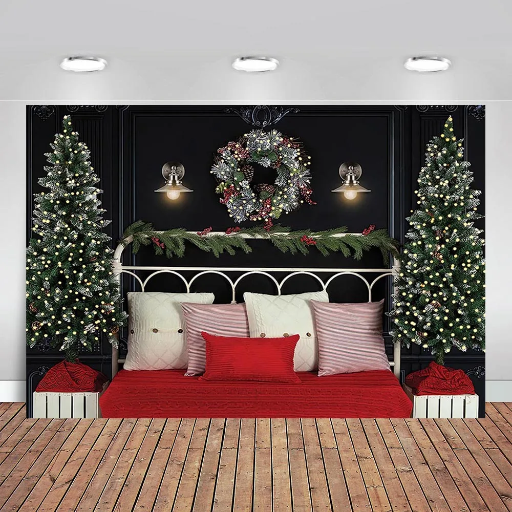 

Christmas Tree Photography Background Black Wall White Bedhead Red Carpet Baby Portrait Backdrop Photocall Decoration
