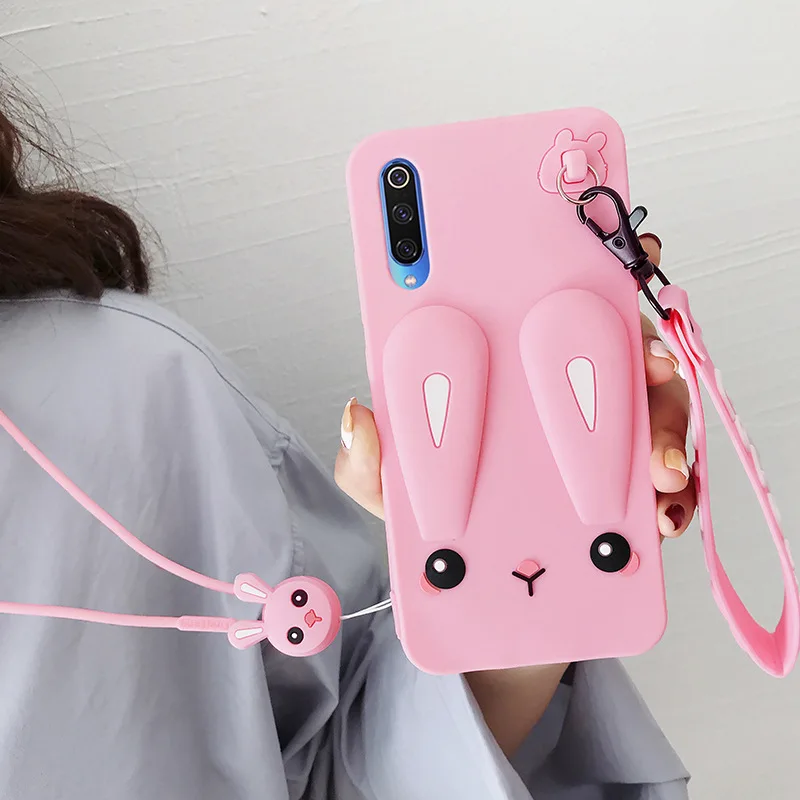 Очаровательный чехол для телефона Xiaomi Redmi Note 7 MI 9 MI 9SE MI 8 безопасный силиконовый чехол для телефона с кроликом с милыми шортами+ длинный ремешок - Цвет: Pink