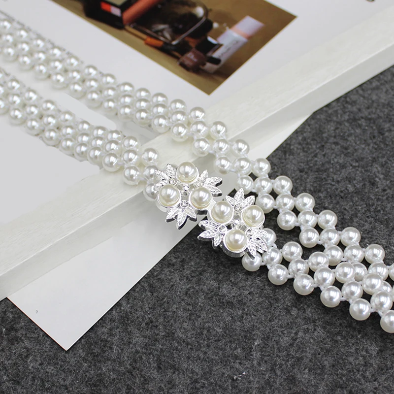 

1PC Elegant Women Pearl Belt Waist Belt Elastic Buckle Pearl Chain Belt Female Girls Dress Crystal Strap
