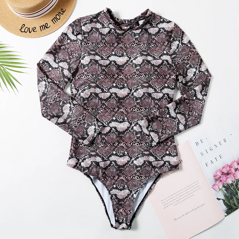 

2020 new sexy Snake Print One Piece Bikini long sleeve sunscreen swimsuit