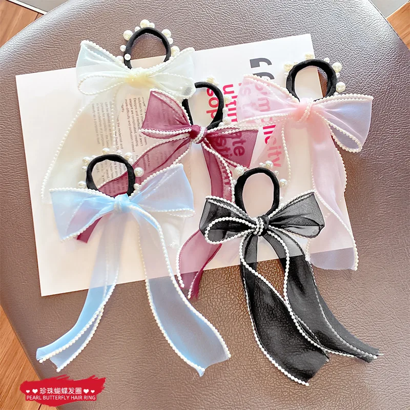 

Женская шифоновая резинка для волос, элегантная заколка с жемчугом и бантом, милые украшения для волос, повязка на голову, модные аксессуары...