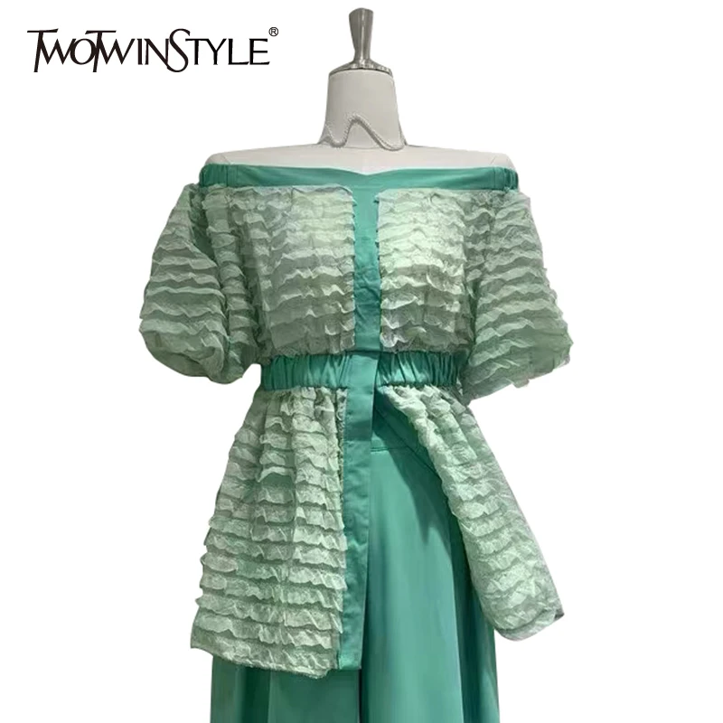 

Женская блузка с рюшами TWOTWINSTYLE, зеленая приталенная блузка с коротким рукавом и вырезом лодочкой в Корейском стиле, Новинка лета 2021