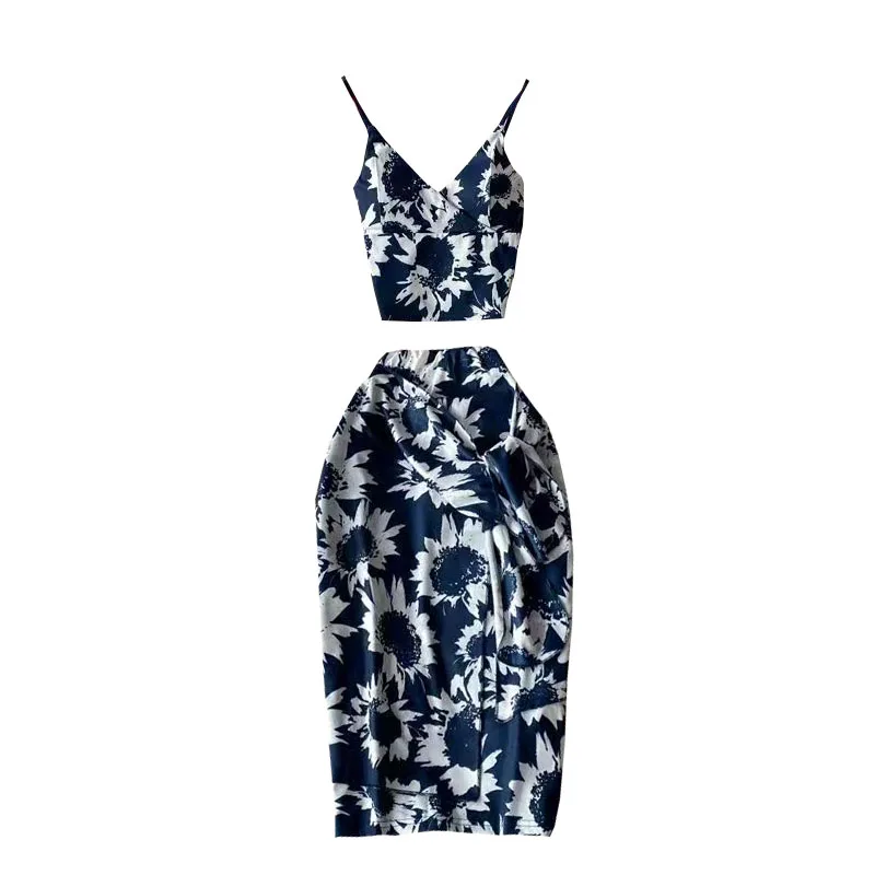 

Seaside holiday style print short suspender vest fashion two piece suit high waist floral bag hip skirt summer