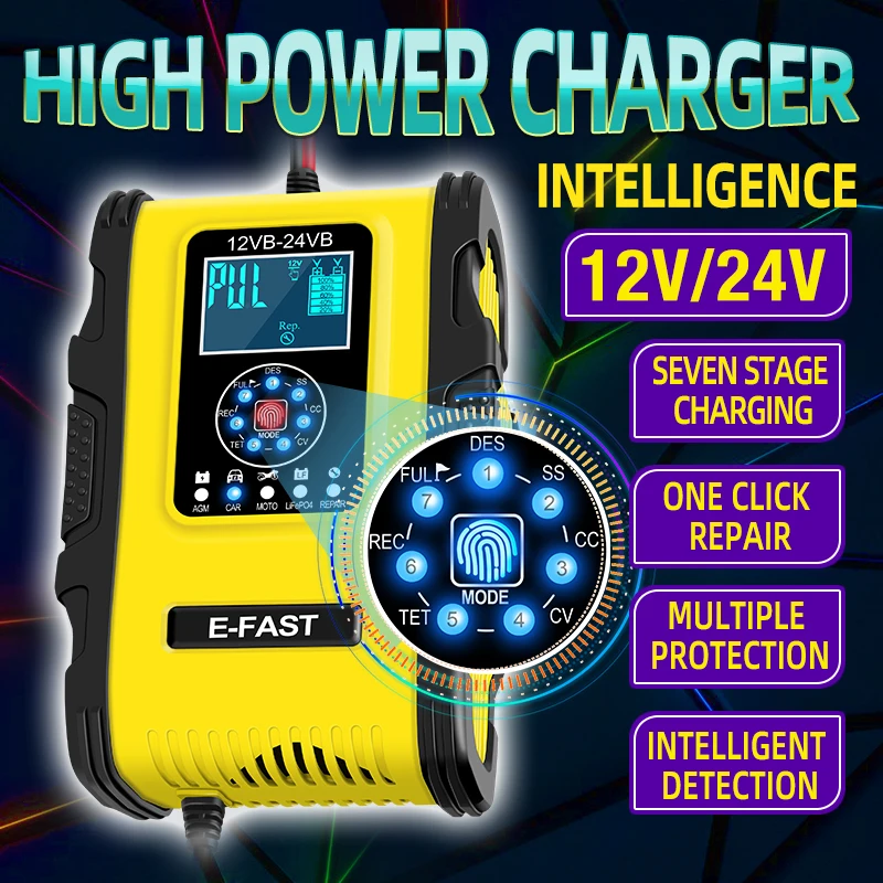 

12V 24V 12A Car Battery Charger 7-Stage Charging for AGM GEL EFB CA LiFePo4 Lead Acid Battery Motorcycle Automatic Charger