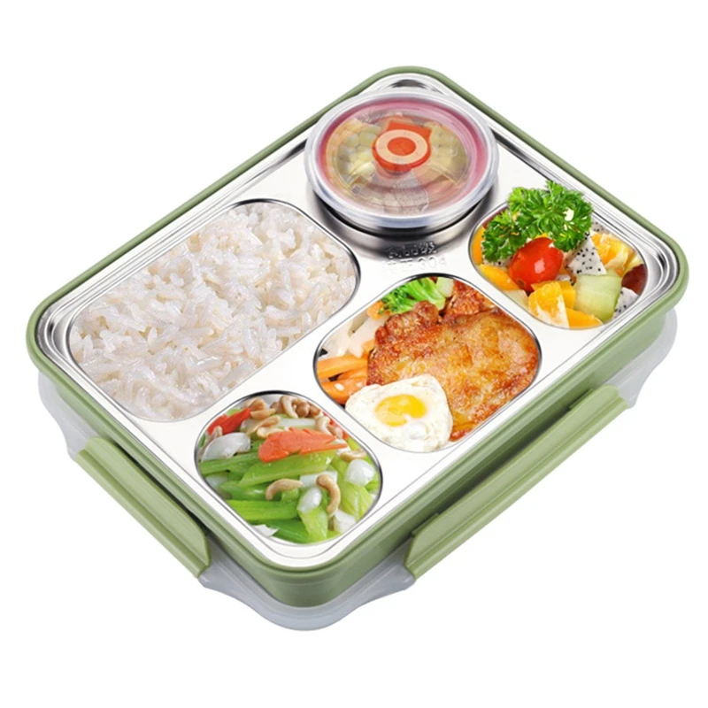 

5 Compartments Lunch Box Stainless Steel Leak-proof large Bento Boxes Soup Container School Dinnerware-ABUX