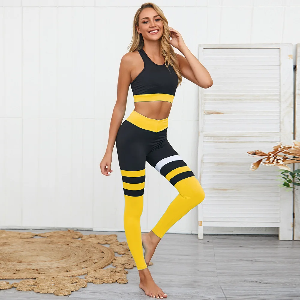 

Striped Printing Women Bra Set New 2019 Wire Free Fitness Bras and Hight Waist Push-up Leggings Women 2 Pieces Sets Sportswear