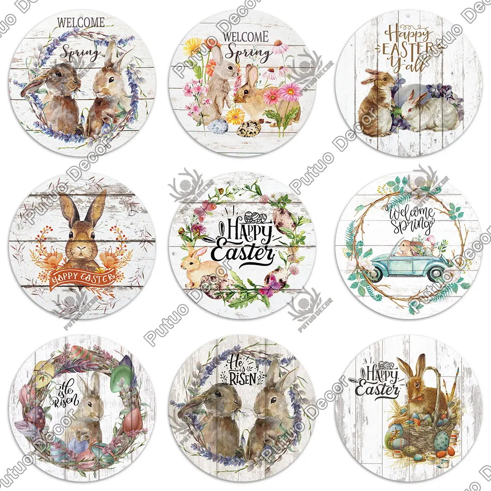 putuo decor easter round wooden sign rabbit wall plaque wood gift for home family easter theme filled eggs hunt party door decor free global shipping