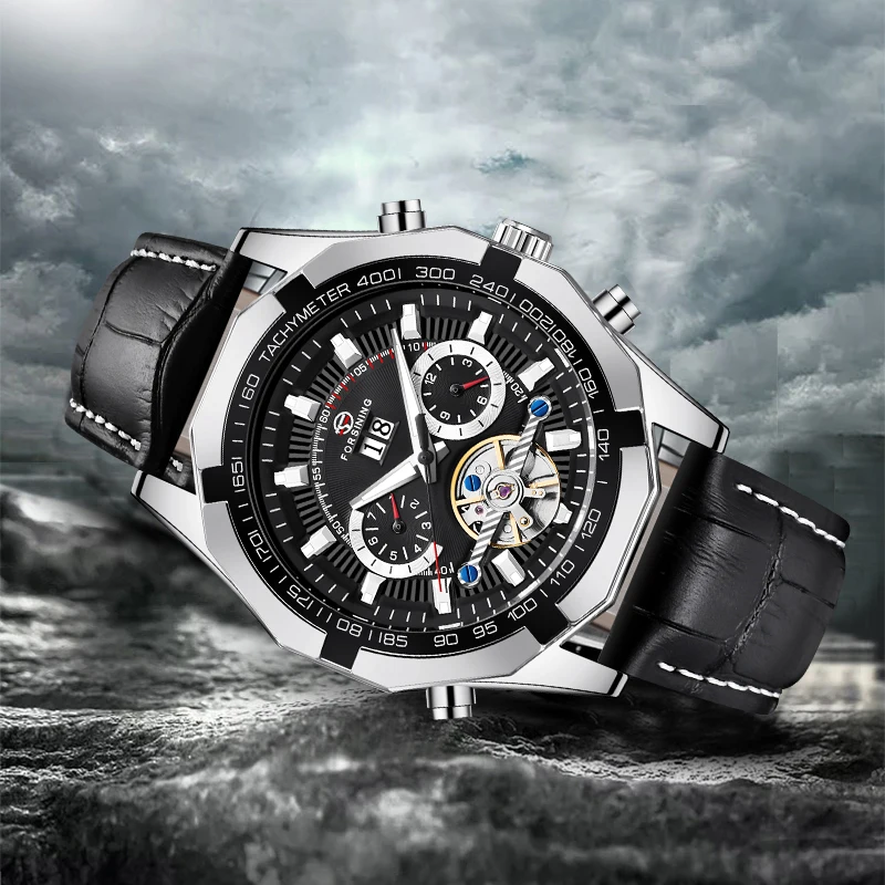 FORSINING, модные мужские Tourbillon, автоматические часы, Серебряный Скелет, кожаный ремешок, военные механические наручные часы, мужские спортивные часы