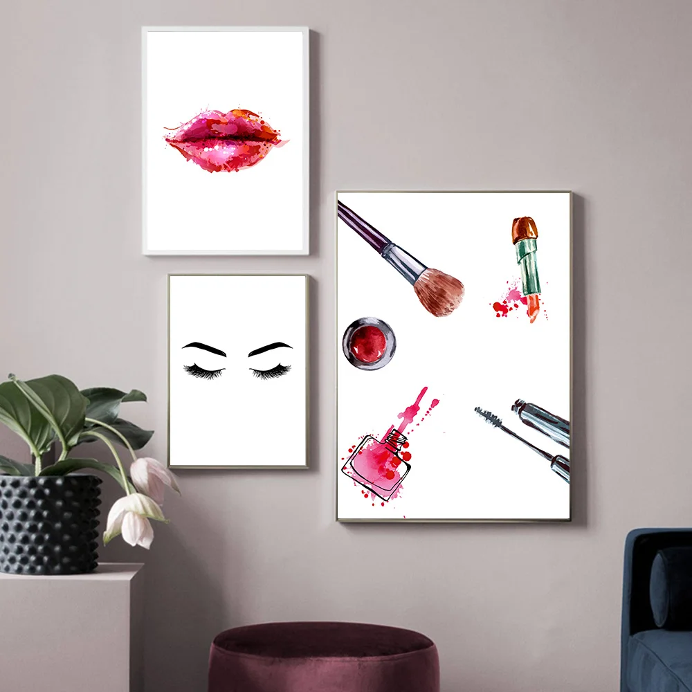 

Poster Modern Fashion Female Lip Gloss Sexy Lips Curl Eyelashes Eyebrows Canvas Painting Wall Art Print Pictures For Girl's Room