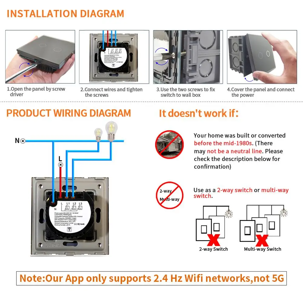 Сенсорный выключатель Bingoelec Европейский/Британский стандарт Wi Fi 2 клавиши 1 канал