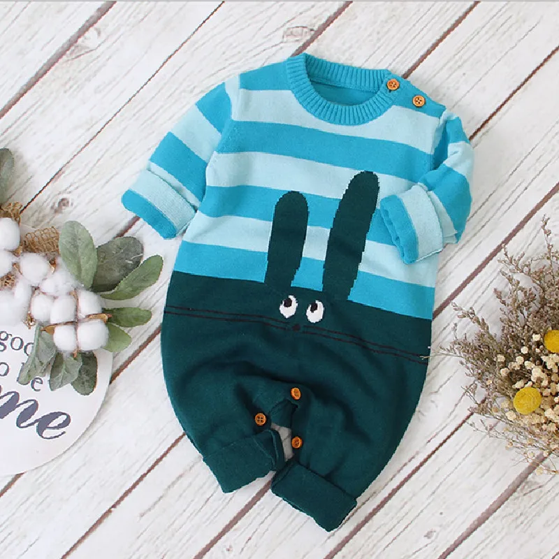 Вязаный детский комбинезон с кроликом для новорожденных осенне-зимняя одежда