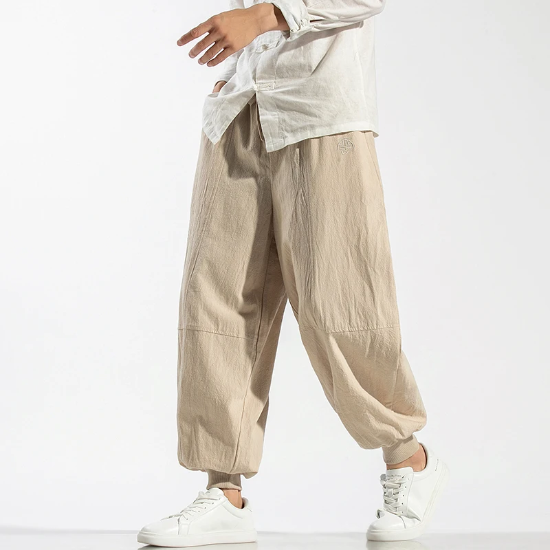 Мужские свободные однотонные хлопковые льняные повседневные шаровары мужские