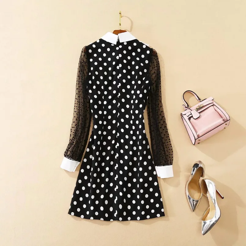 

Quality New High Runway Dress 2021 Autumn Women Turn-down Collar Polka Dot Print Ruffle Lace Patchwork Long Sleeve Dress Black