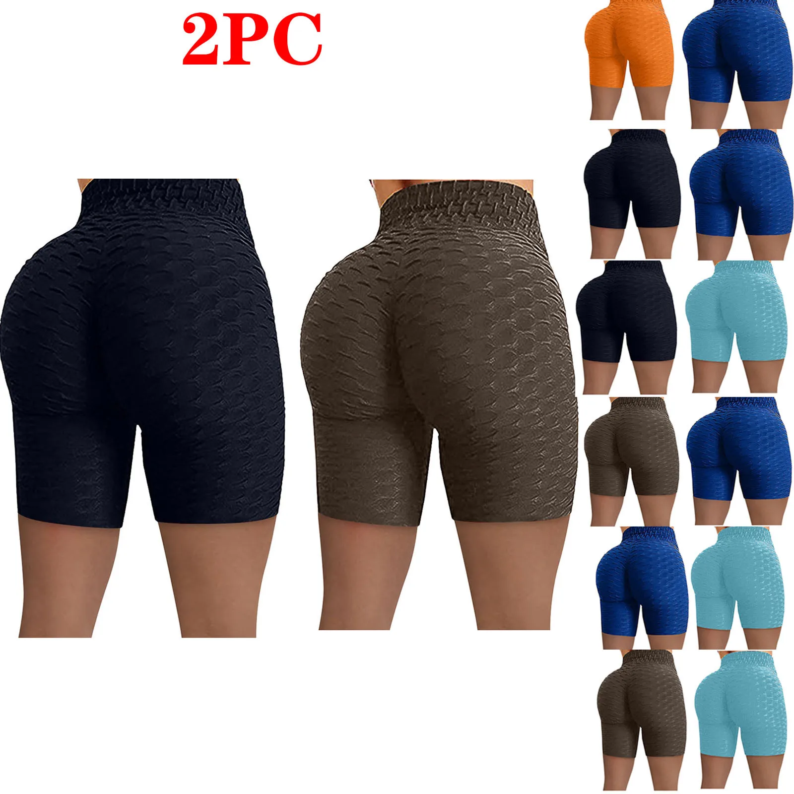 

2PC Women Fashion Wrinkled High Waist Hip Stretch Solid Color Fitness Yoga Pants Shorts Running Fitness Sport Gym Cycling Shorts