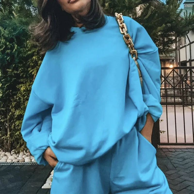 

Solid O-Neck Women's Sweatshirt Suits Long Sleeve Casual Pullover Female Set 2021 Autumn Sports Tracksuit Shorts 2 Piece Sets