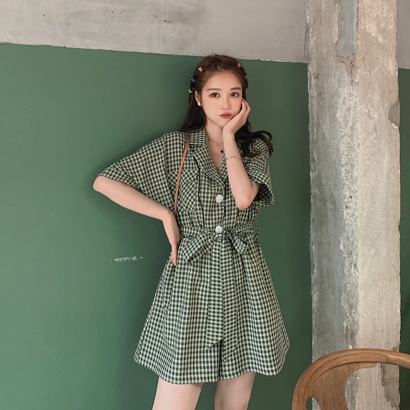 

Summer Short Sleeve Loose Bandage Plaid Wide Leg Romper Overalls Women Fashion Elegant Korean One Piece Shorts Sets Jumpsuit