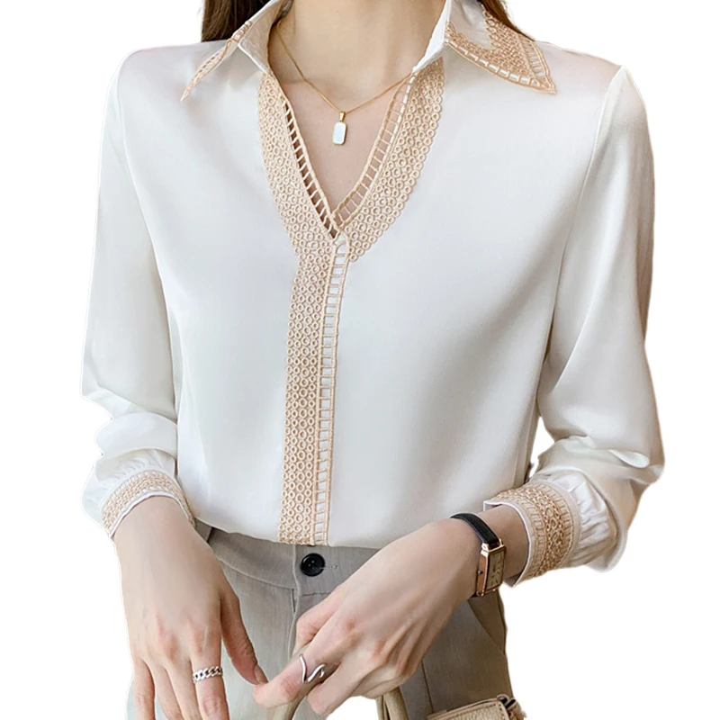 

2022 Autumn New Elegant Long Sleeve Shirts Office Lady Tops Hollow Out Embroidery Chiffon Shirt V-neck Loose Blusas Mujer 15939