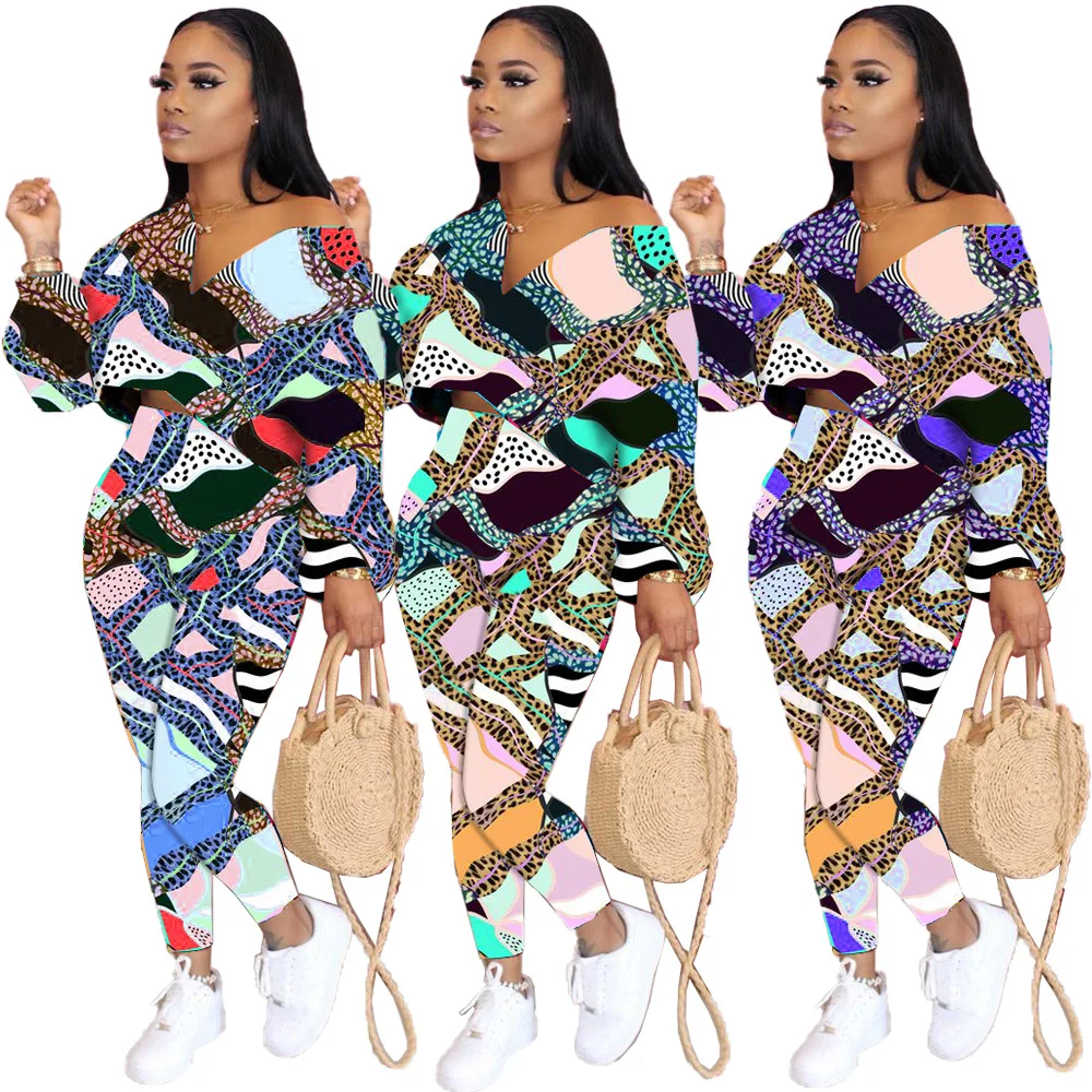

Leopard Print Suit Women 2020 Autumn Fashion Colorful Patchwork V-neck Long Sleeve Tops Pencil Trousers Office Lady 2 Piece Set