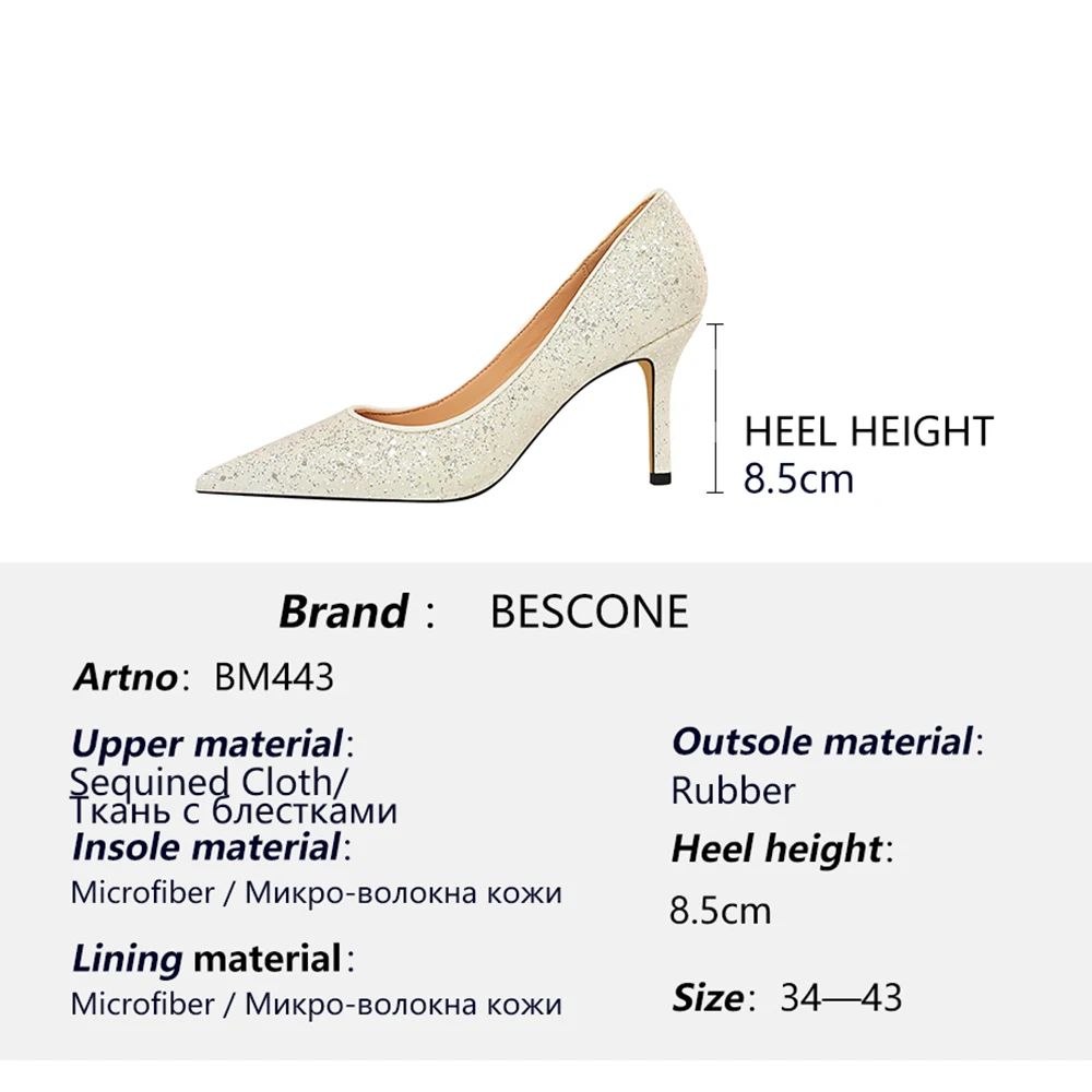 

BESCONE Fashion Women Pumps Pointed Toe Shiny Slip-On Super High Thin Heels Mature Comfortable Shoes Shallow Stylish Pumps BM443