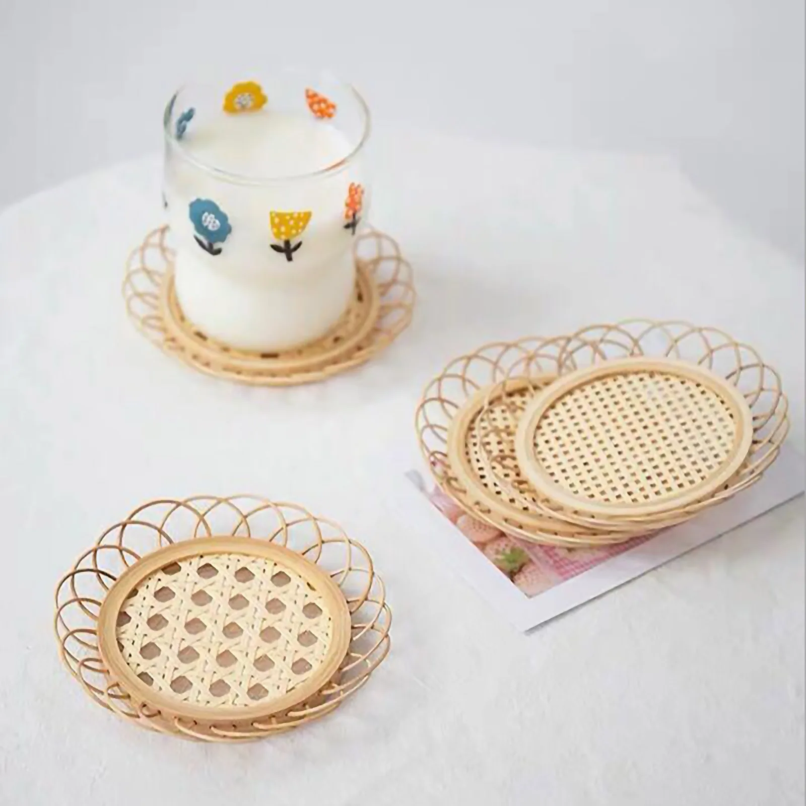 

1 Pc Natural Bamboo Hollow Tea Cup Coaster Placemat Cup Holder Dessert Plate For Home Kitchen Living Room