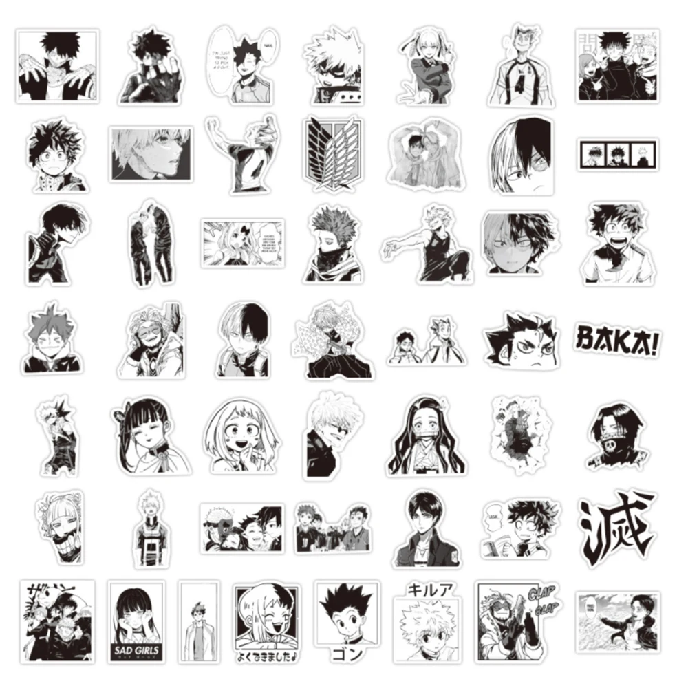 Pegatinas de Personaje de Anime en blanco y negro para ni&ntilde;os, monopat&iacute;n de Anime japon&eacute;s, pegatinas de juguete para coche y equipaje, 10/30/50 Uds.-2