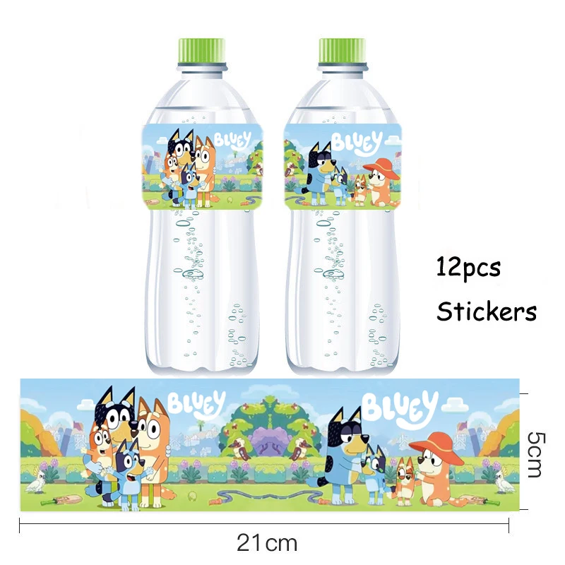 

Omilut 12pcs Bluey Label Stickers Dogs Bingo Bluey Birthday Mineral Water Bottle Label Baby Shower 1th Birthday Supplies Decor