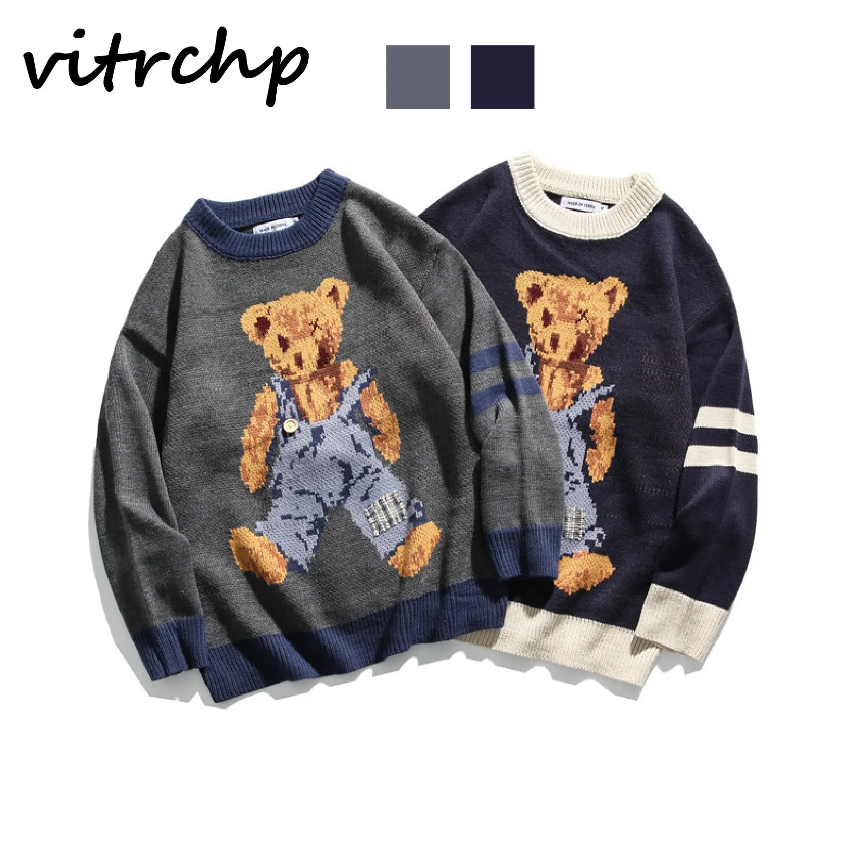 

VITRCHP 2021 Men's Knitted Sweater Casual Brand New Arrival Bear Harajuku Style Retro Hip Hop Trend Couple Sweatshirts Top
