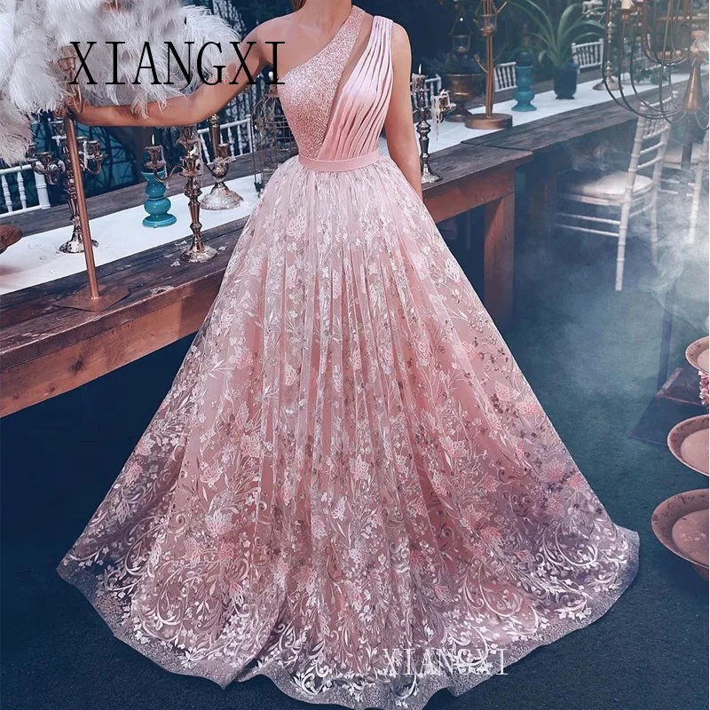 

One-Shoulder Pink Evening Dresses Long 2020 New A-Line Lace Islamic Dubai Saudi Arabic Formal Party Dress Prom Gowns
