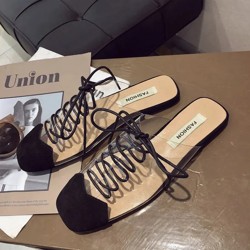 

New Style Transparent Fashion Flat Slippers Drawstring Summer Outdoor Anti-Collision Ladies Slippers Casual Women Beach Slippers